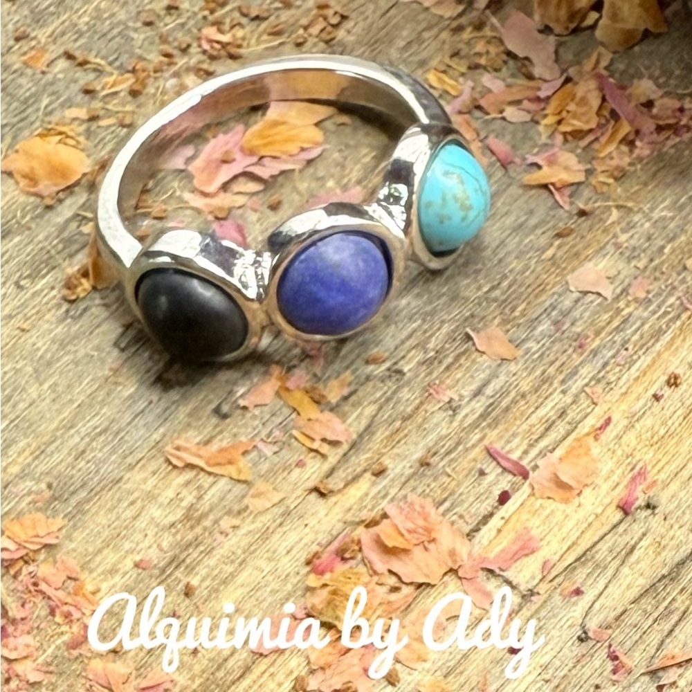Jet turquoise and lapis silver gem ring